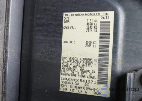 2013 Nissan Maxima 3.5 Sv из США, поврежденный, VIN 1N4AA5APXDC841571